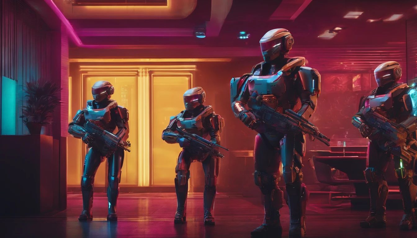 Cyberpunk security robots in a hotel, with dart guns in their arms  cyberpunk 2077 poster style art