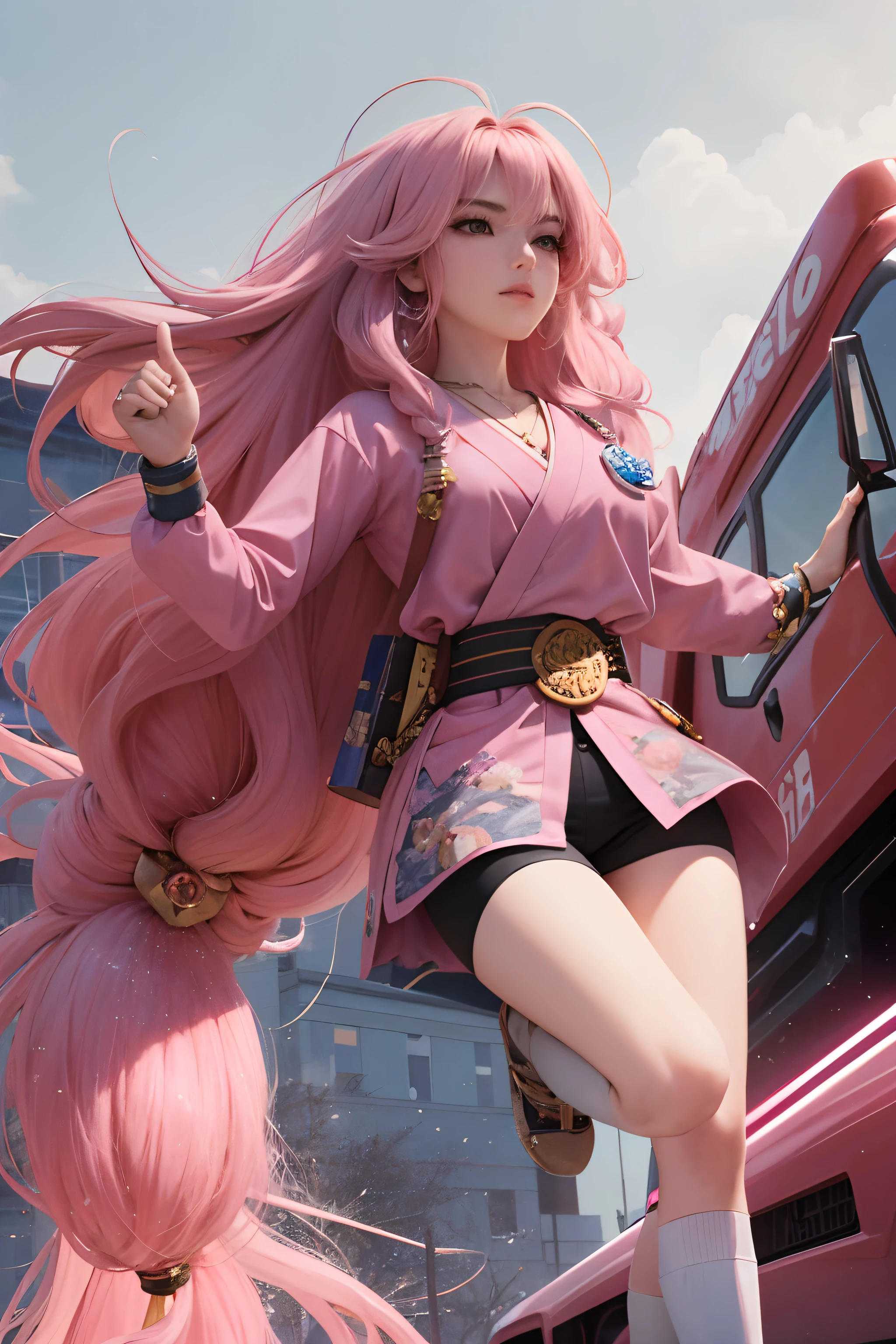 garota, Japanese, cabelo rosa, cabelos longos, Rapunzel, hero outfit, adolescente, Punhos de cabelo, hero pose, Hero costume with broach symbol, Cabelos brilhantes, cabelo mais longo do que as pernas, Pink Necklace, Punching a truck, ultra realista,