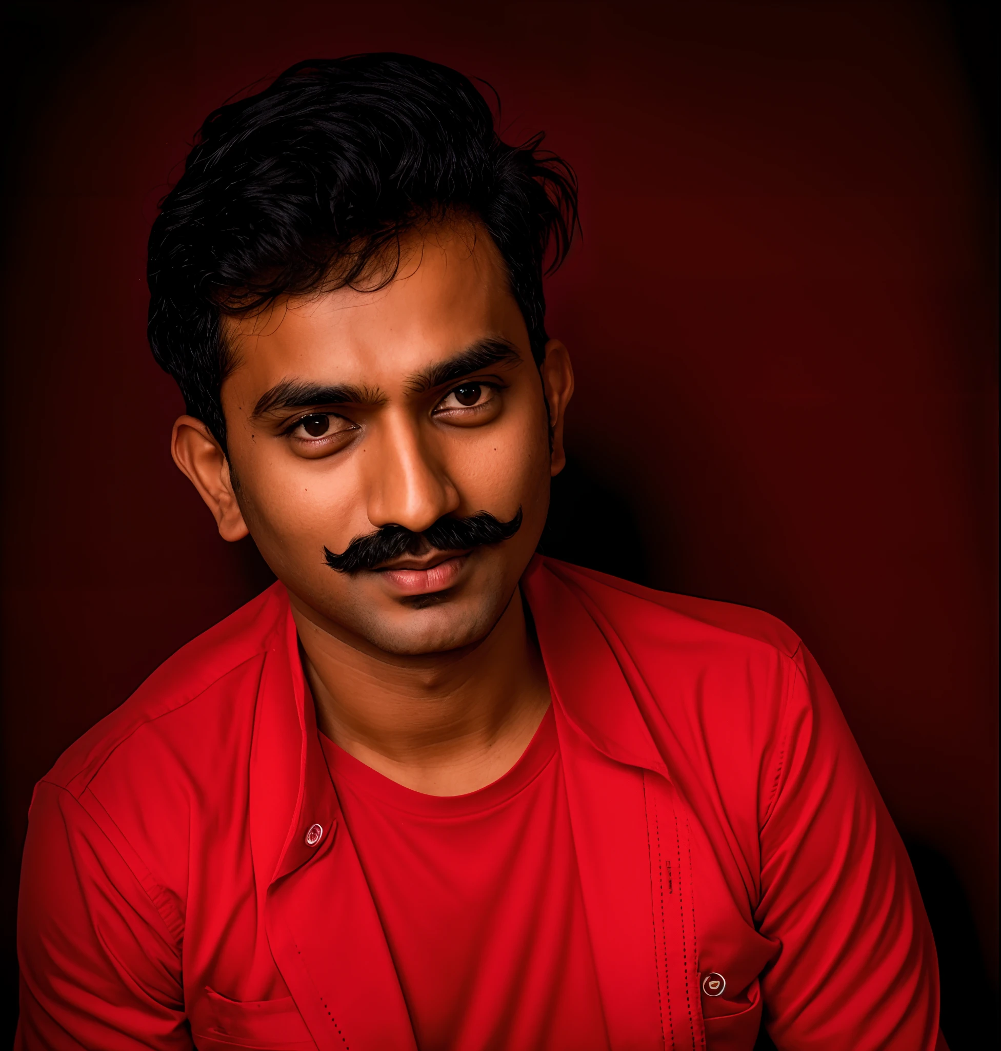 there is a man with a mustache and a red shirt, jayison devadas, inspired by Bikash Bhattacharjee, jayison devadas style, headshot profile picture, inspired by Saurabh Jethani, portait photo profile picture, johnatan wayshak, ayan nag, profile pic, candid!! dark background, mid shot portrait