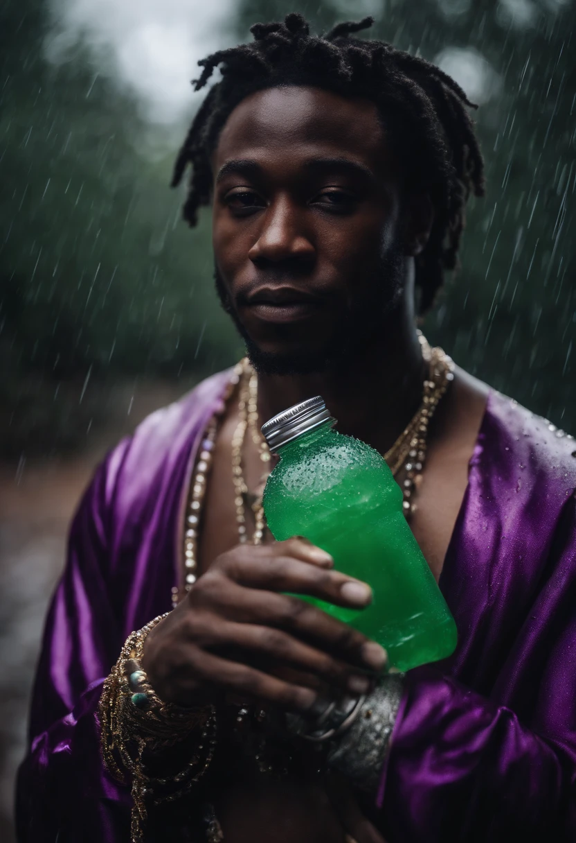 Portrait of alvin kamara holding a sprite bottle with purple liquid in it. in the rain. he has in jewelry and drippy clothes