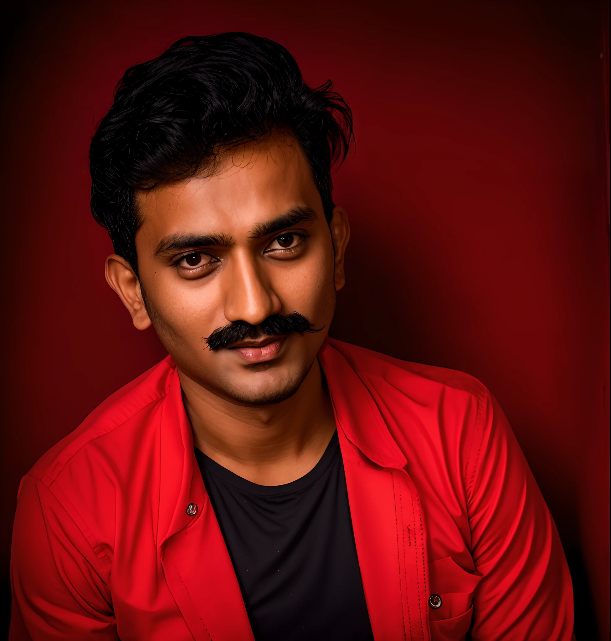 there is a man with a mustache and a red shirt, jayison devadas, inspired by Bikash Bhattacharjee, jayison devadas style, headshot profile picture, inspired by Saurabh Jethani, portait photo profile picture, johnatan wayshak, ayan nag, profile pic, candid!! dark background, mid shot portrait