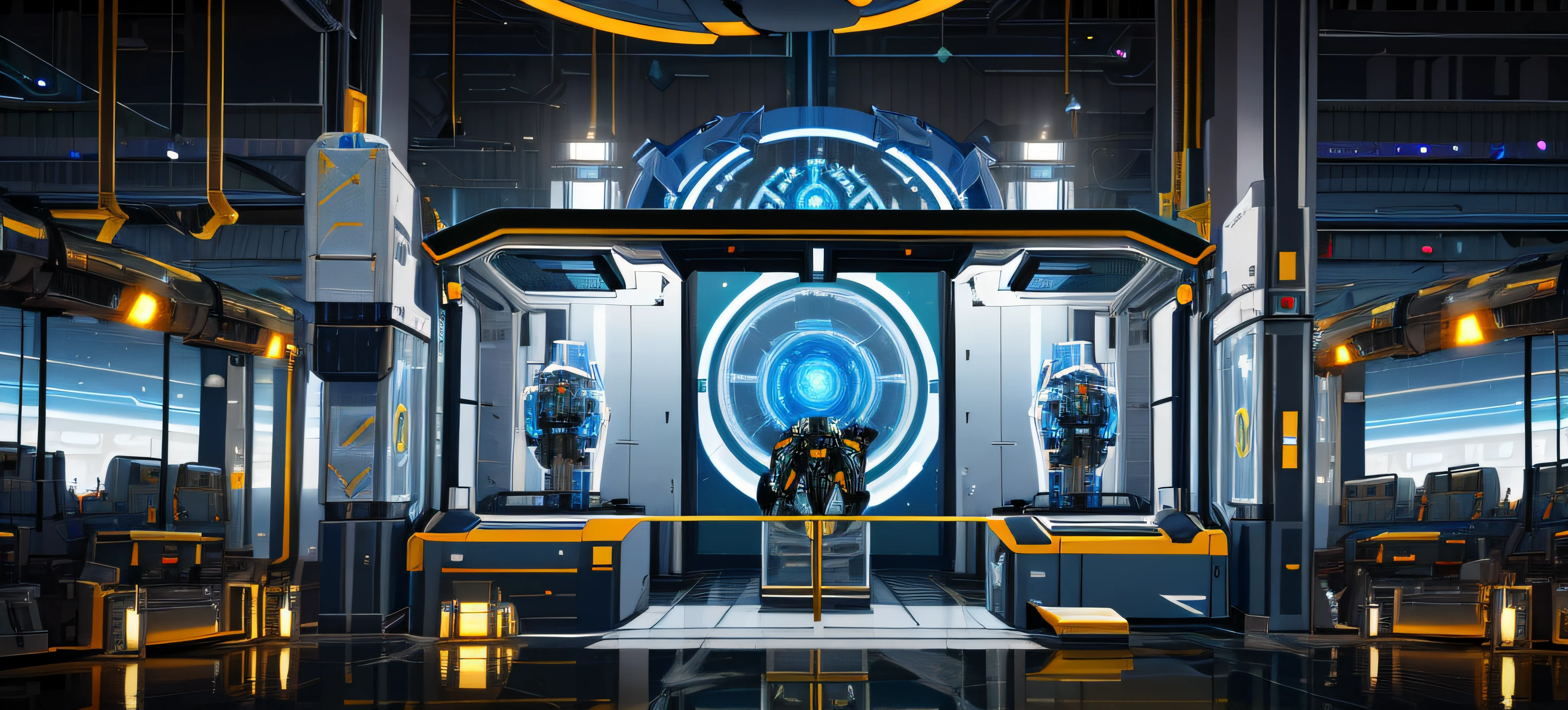 There is a large circular room with lots of lights, Futuristic cloning facility, hangar de naves espaciais, fundo da arena, stunning arcanum backdrop, Clone Lab, futuristic production facility, em uma arena futurista, Standing in a Starbase bar, LEDS Horizon Zero Dawn Machine, background space station, Opening Science Test Chamber, fundo escuro do hangar, futuristic lab, matriz halo