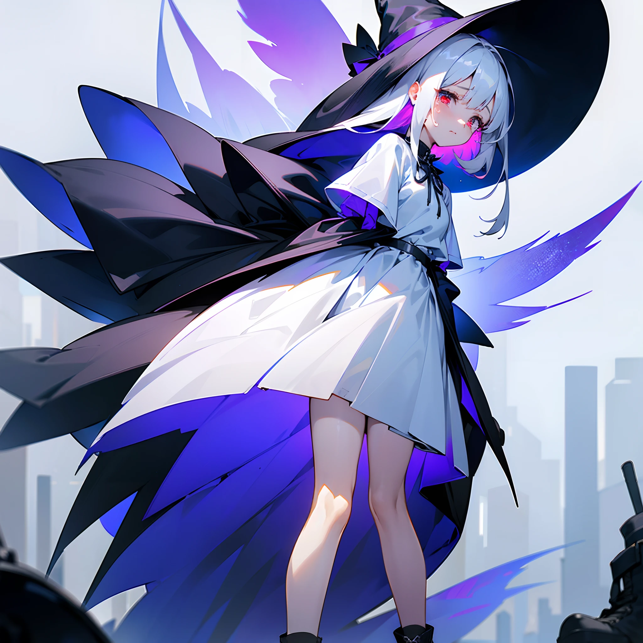 A mysterious Western-style otherworldly town、Standing Girl、Black coat、white t-shirt、a black skirt、beautiful thigh、Beautiful calves、Rob hair with white hair color with blue-violet mesh、Looking at me crying、Black sneakers with white shoelaces、Large witch hat with sapphire accessories、Red eyes with highlights、