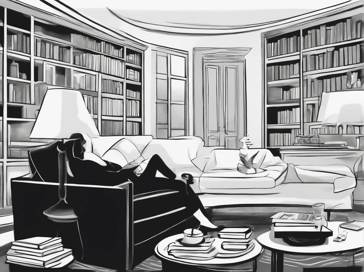 A cartoon with a woman laying down on a couch, book in hands , in the style of silhouettes in space, ed myers, forced perspective drawings, webcam, new yorker cartoons, birds-eye-view, dark white and light white