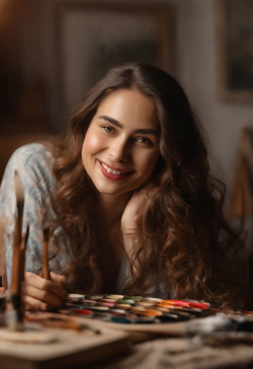 beautiful artist girls,age is 25 years old girls,studio lighting,oil painting,ultra-detailed,realistic,detailed hair,long wavy hair flowing,beautiful detailed eyes,beautiful detailed lips,focused expression,innocent smile,brush strokes,palette,canvas,easel,art supplies,creative atmosphere,colorful backdrop,soft natural lighting,vivid colors,professional artists,brushes and paint tubes,inspiring environment,artistic workshop