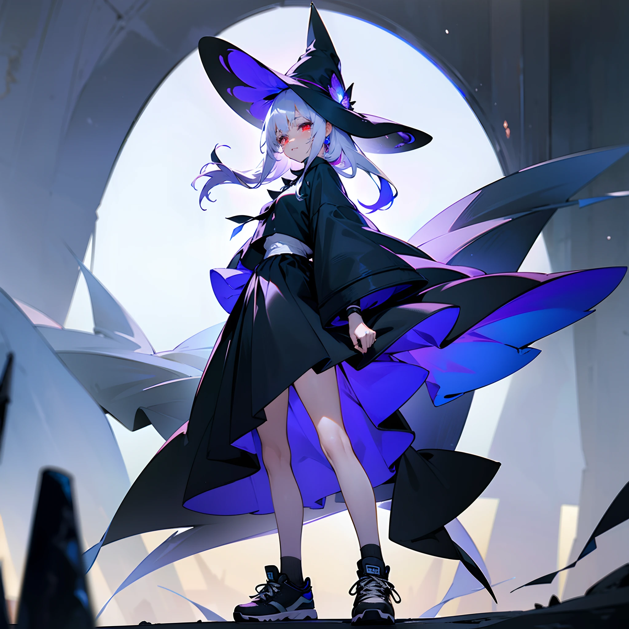 A mysterious Western-style otherworldly town、Standing Girl、Black coat、white t-shirt、a black skirt、beautiful thigh、Beautiful calves、Rob hair with white hair color with blue-violet mesh、Looking at me crying、Black sneakers with white shoelaces、Large witch hat with sapphire accessories、Red eyes with highlights、