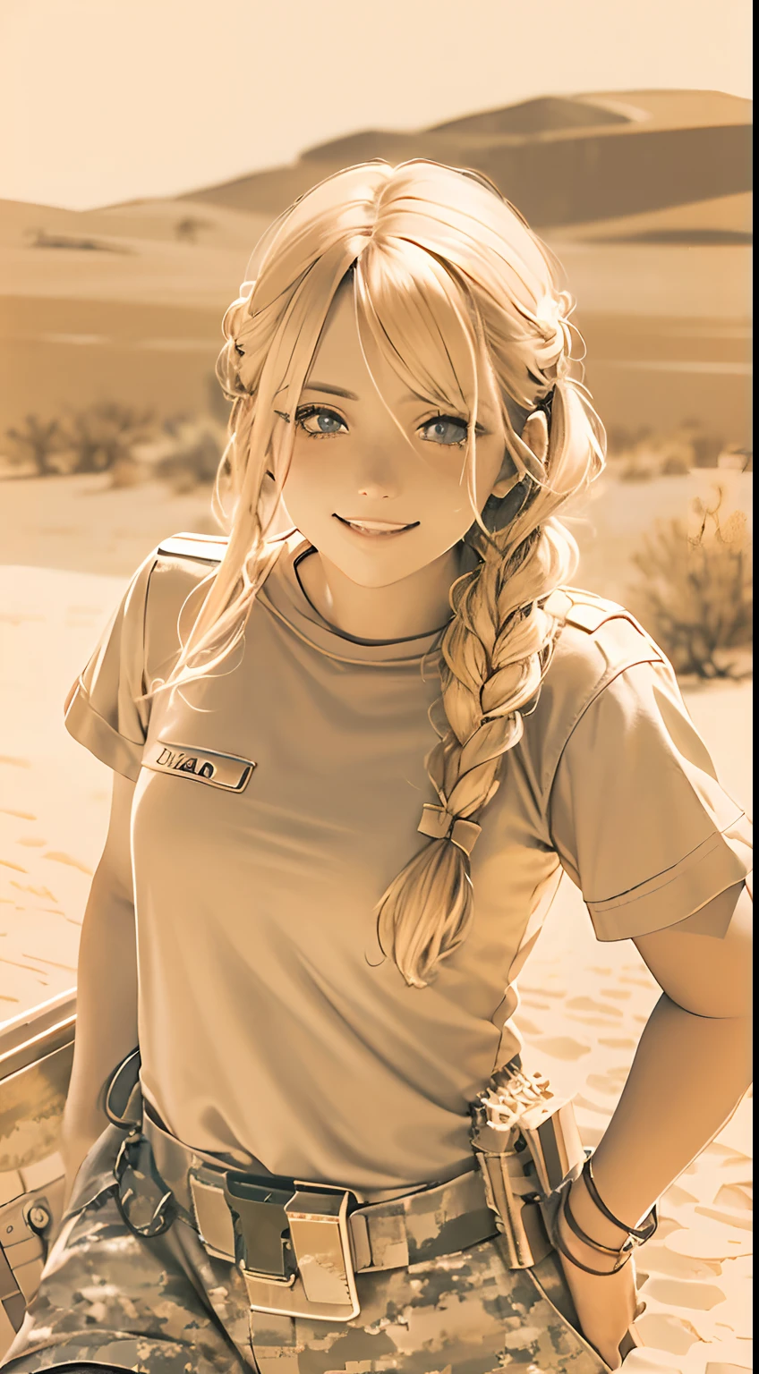 (Military Personnel:1.5)、(desert area:1.3)、(sepia, gradients:1.5), Young girl, smiling, cute, blue eyes, blonde hair, bangs hair, hairstyle with 2 braids, looking at camera, military camuflage pants, tan beige colour T-shirt