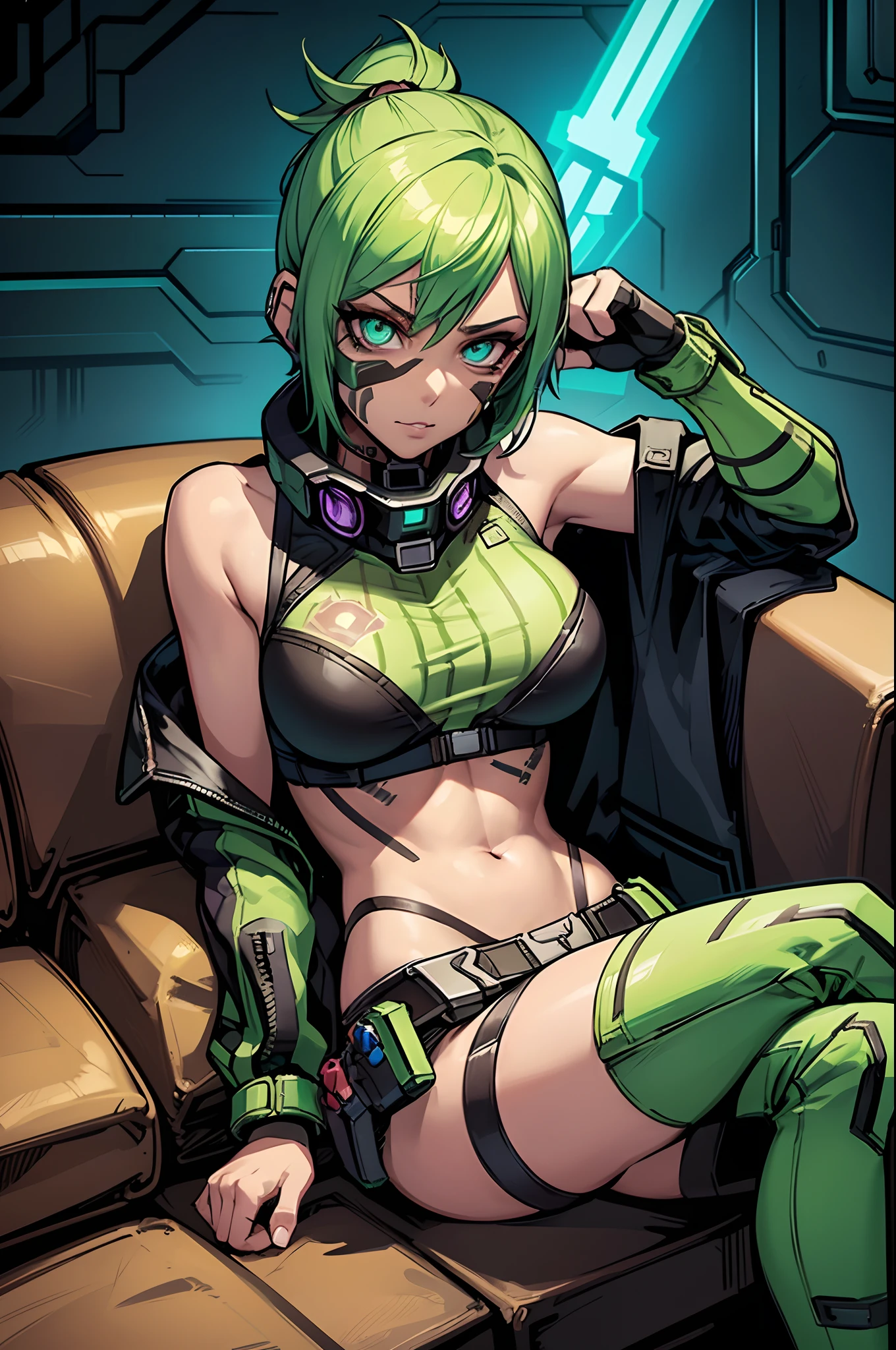 (Borderlands style illustration), (fit woman), (short green hair), tanned skin, round perky boobs, mercenary outfit, seductive, alluring expression, (sitting on couch inside of cyber bar:1.3), (detailed face and eyes:1.3), eye contact, front view, centered in frame, eyeliner, (focus on face), light glow tattoo.