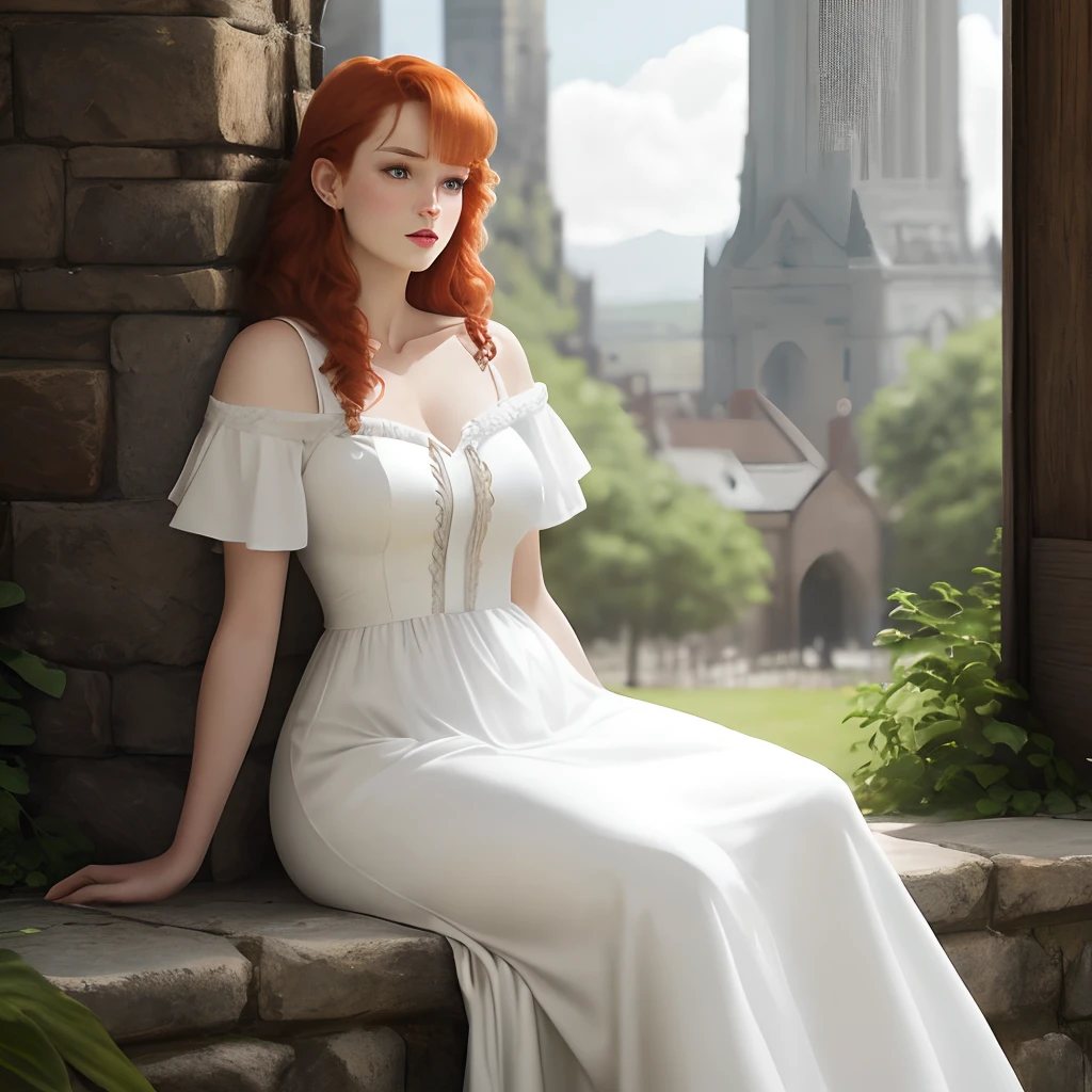 Redhead female noble white dress