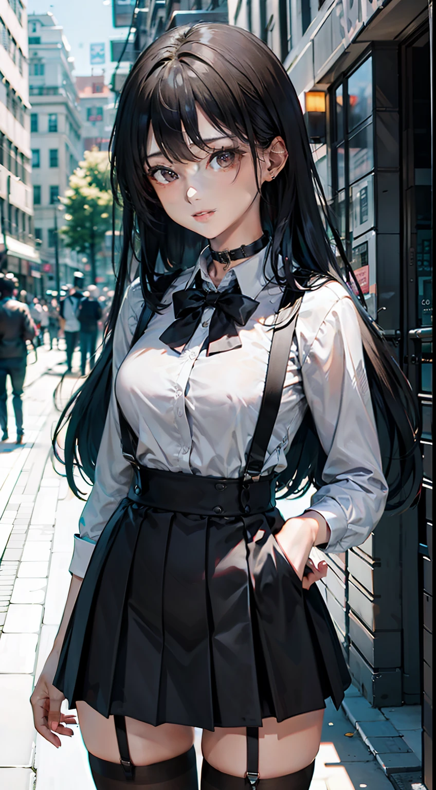 （Student clothing：1.3），（JK school uniform：1.3），（black suspenders stockings：1.3），flatchest，jewely，looking at viewert，hair adornments，choker necklace，is shy，ssmile，
（artwork of a，top-quality，best qualityer，offcial art，Beauty and aesthetics：1.2），（1个Giant Breast Girl），（Dress normally），flatchest，black color hair