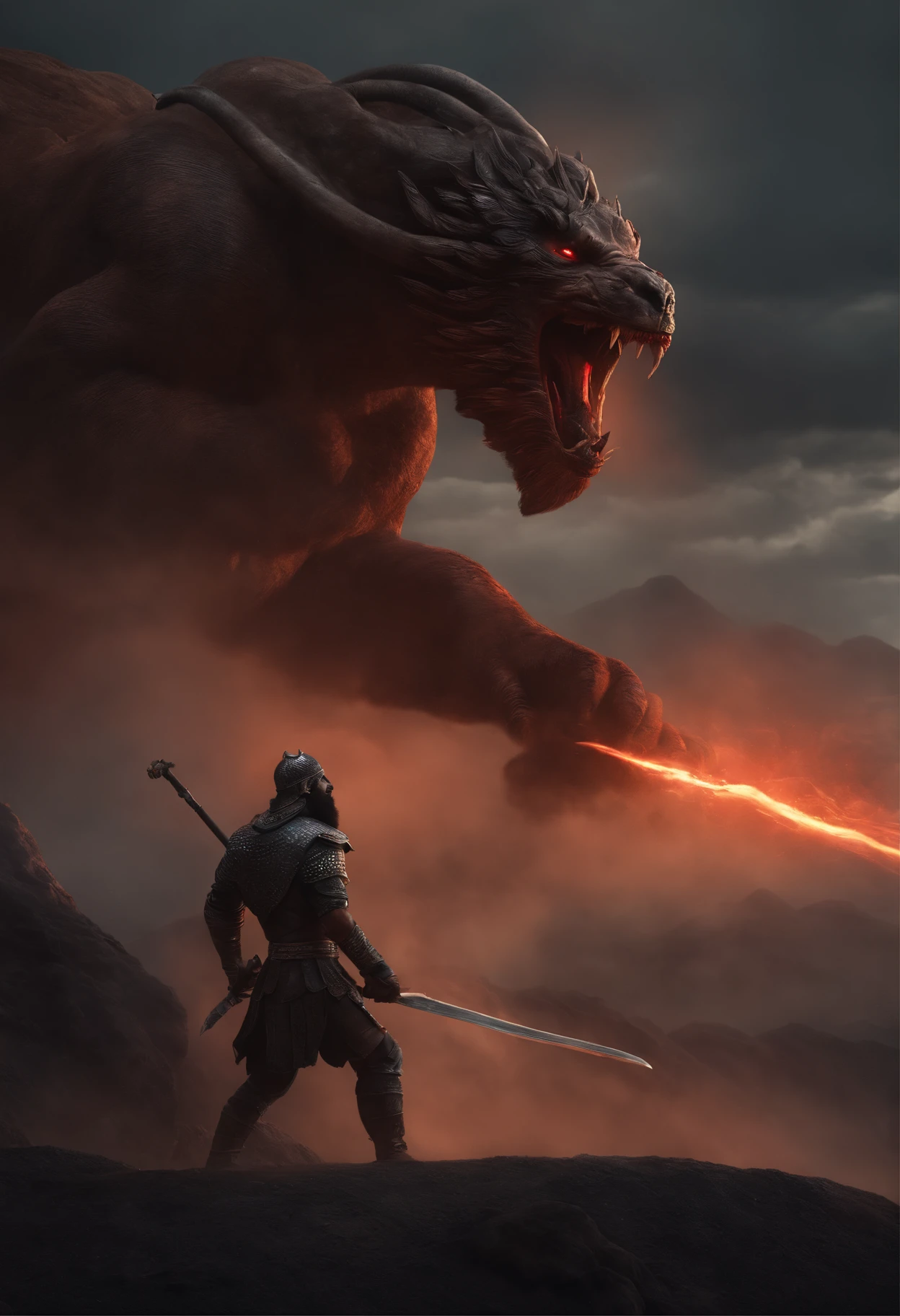 in the style of colorful moebius,  precisionist lines, bronzepunk, pseudo-realistic, aurorapunk, , battle between Rostam, an ancient Iranian warrior, and a terrifying black creature. Rostam is wearing a helmet with horn and has long hair and beard.  He is holding a sword and shield and is attacking the creature. His sword is glowing with the power of good. creature is angry giant with red glowing eyes, stand on feet, The creature's skin is covered in scales, The scene is dusty and chaotic. cloudy sky, fog and smoke, mountain in background, dramatic twilight, bird eye view
