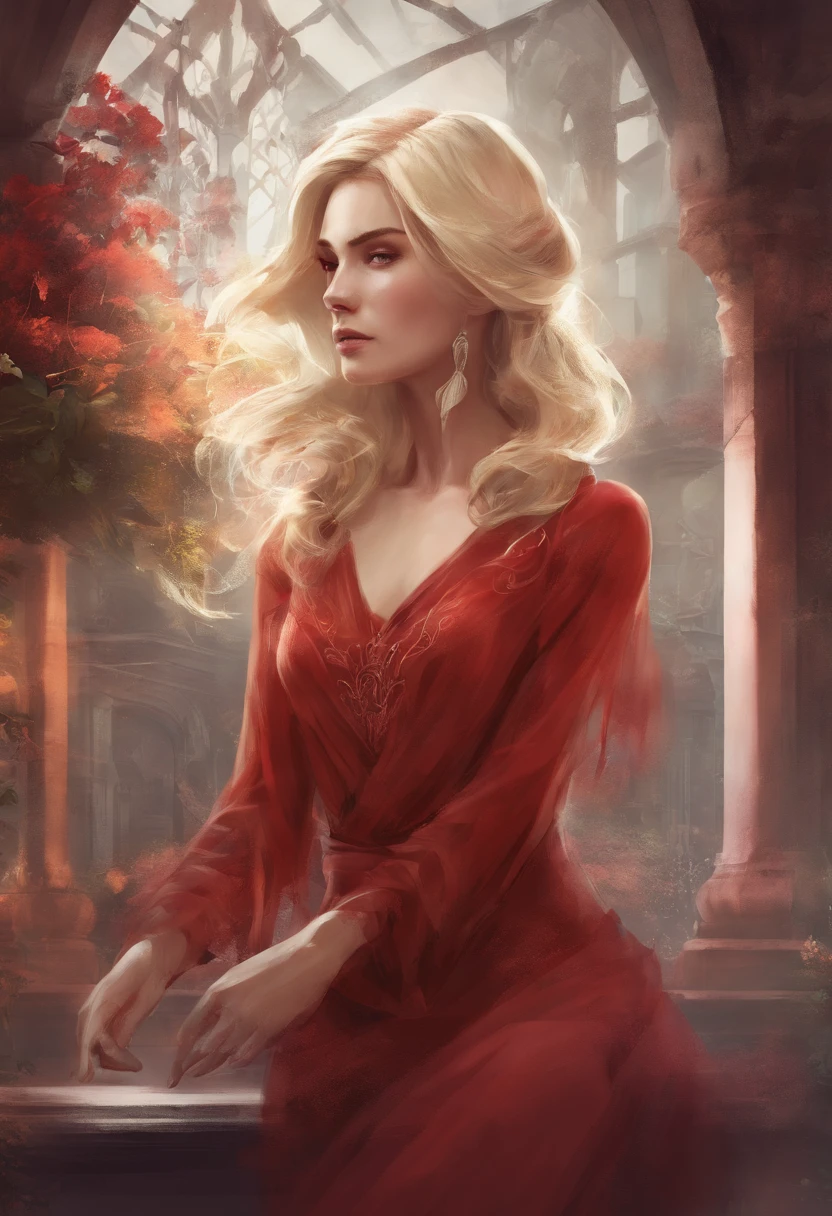 eine Frau mit blonden haaren in einem roten kleid,feminin ,elegent, lächelned