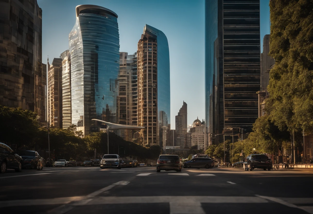 Visualize a contemporary cityscape, com altura, Modern skylines soaring skyward. The buildings are made of glass and steel, reflecting bright sunlight and creating a play of cores and reflections. The streets are full of cars, Pessoas e movimento, retratando a melhoria de vida na cidade. It is possible to see people walking on the sidewalks, Outdoor cafes, e uma atmosfera de atividade constante. The city is surrounded by a natural landscape, like mountains in the background or a river that runs through the metropolis, criando um contraste entre o ambiente urbano e a natureza.