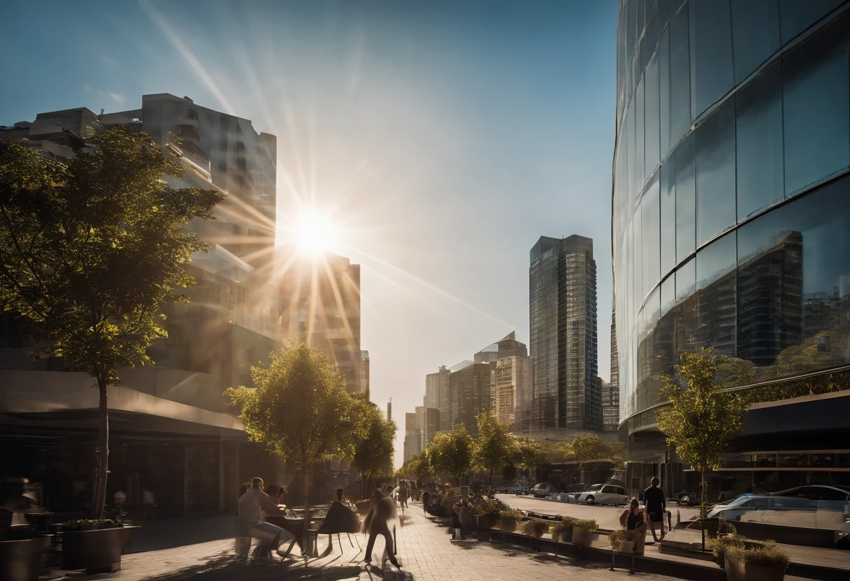 Visualize a contemporary cityscape, com altura, Modern skylines soaring skyward. The buildings are made of glass and steel, reflecting bright sunlight and creating a play of cores and reflections. The streets are full of cars, Pessoas e movimento, retratando a melhoria de vida na cidade. It is possible to see people walking on the sidewalks, Outdoor cafes, e uma atmosfera de atividade constante. The city is surrounded by a natural landscape, like mountains in the background or a river that runs through the metropolis, criando um contraste entre o ambiente urbano e a natureza.
