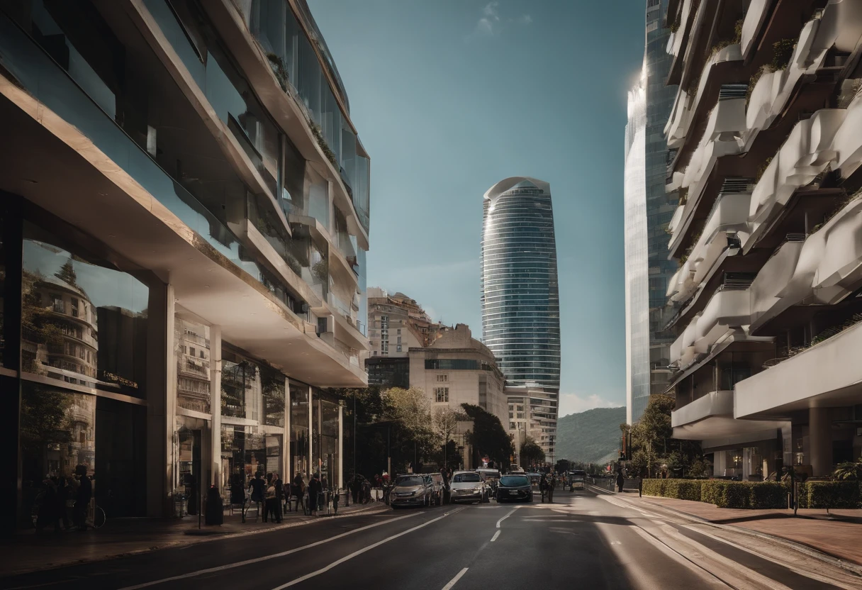Visualize a contemporary cityscape, com altura, Modern skylines soaring skyward. The buildings are made of glass and steel, reflecting bright sunlight and creating a play of cores and reflections. The streets are full of cars, Pessoas e movimento, retratando a melhoria de vida na cidade. It is possible to see people walking on the sidewalks, Outdoor cafes, e uma atmosfera de atividade constante. The city is surrounded by a natural landscape, like mountains in the background or a river that runs through the metropolis, criando um contraste entre o ambiente urbano e a natureza.