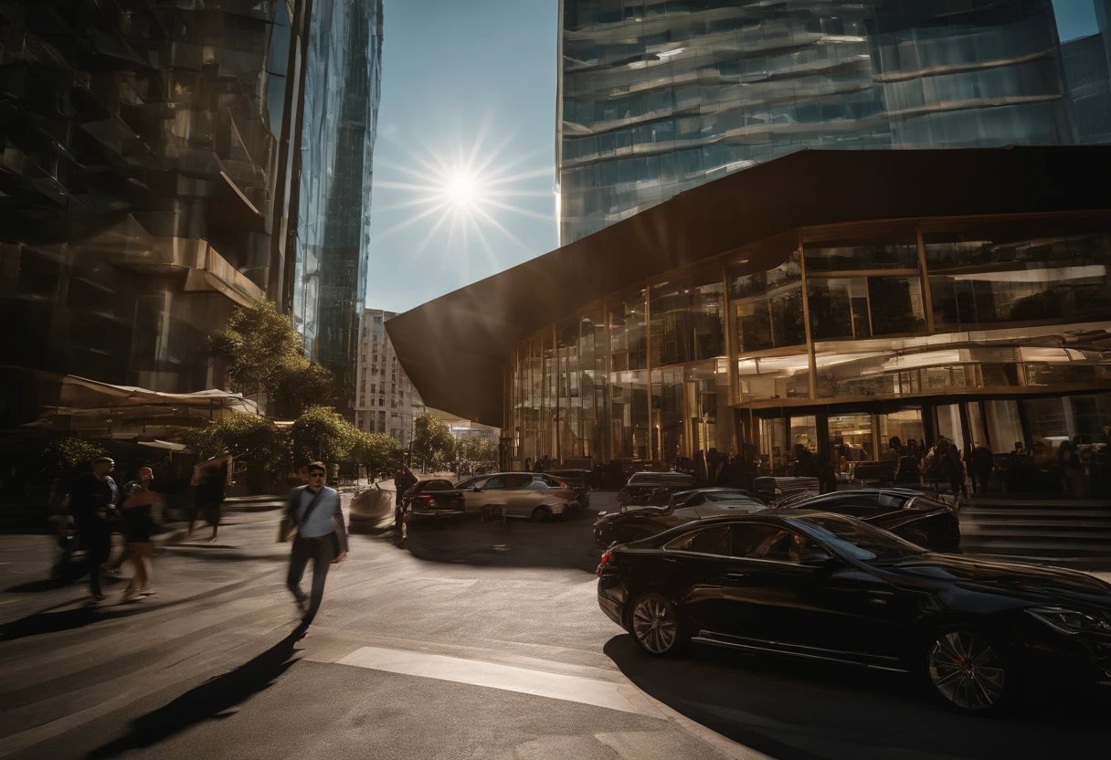 Visualize a contemporary cityscape, com altura, Modern skylines soaring skyward. The buildings are made of glass and steel, reflecting bright sunlight and creating a play of cores and reflections. The streets are full of cars, Pessoas e movimento, retratando a melhoria de vida na cidade. It is possible to see people walking on the sidewalks, Outdoor cafes, e uma atmosfera de atividade constante. The city is surrounded by a natural landscape, like mountains in the background or a river that runs through the metropolis, criando um contraste entre o ambiente urbano e a natureza.