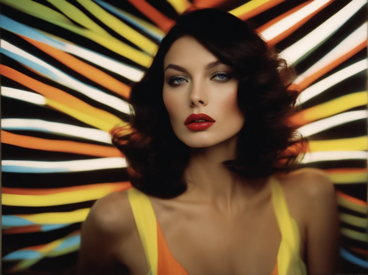 diana frost beauty, in the style of neon-lit pop art, stripes and shapes, Norinobu Shinoyama, play with light and shadow, Excessiveness, Surreal details, surrealist style image