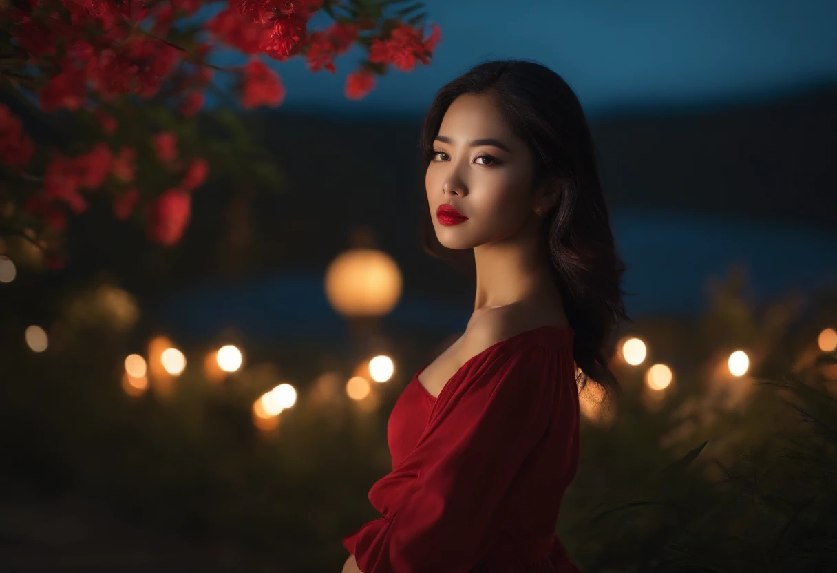 asian girl, cabello corto negro, mirada cautivadora, labios torneados, figura delgada, realista, HD, 8k hiperealismo posando en paisaje noche placentera