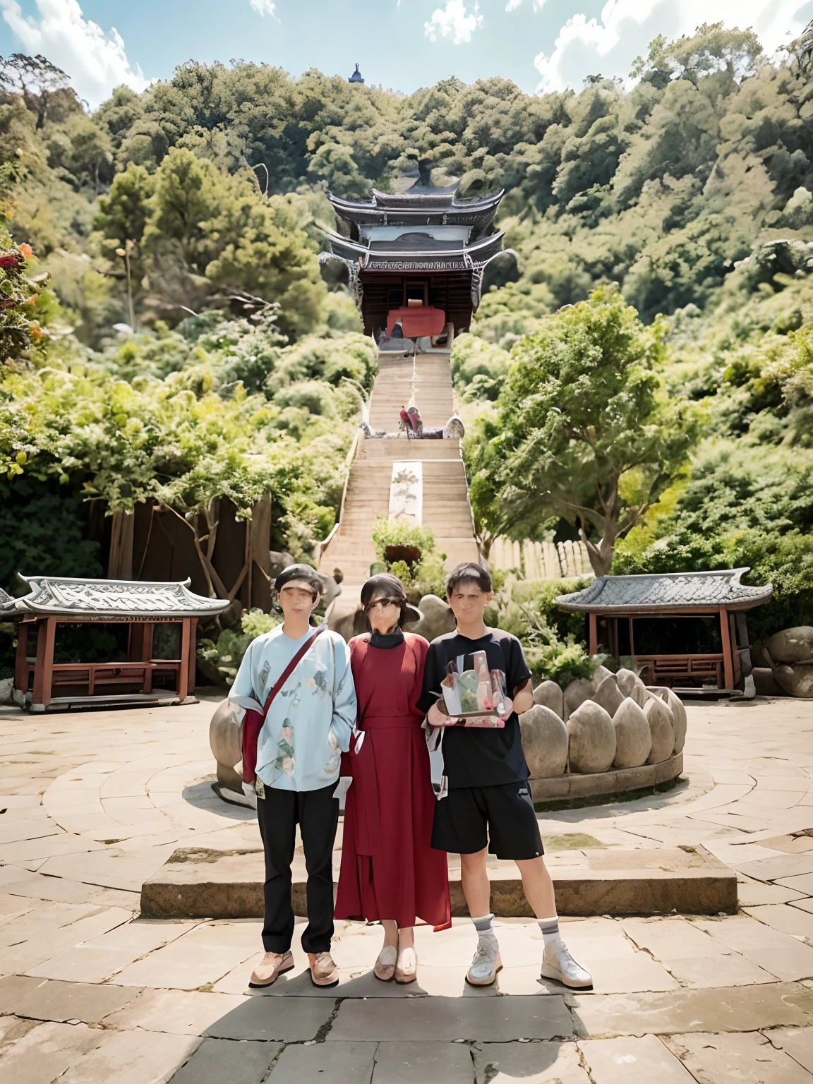 Three people stand in front of a tall tower,There is a clock on it, With a Chinese temple, photograph taken in 2 0 2 0, taken in 2 0 2 0, Uptrend ,, Taoist temples and monks, taken in 2022, vacation photo, with many travelers, standing in a buddhist temple, artist unknown, in front of temple, unknown artist