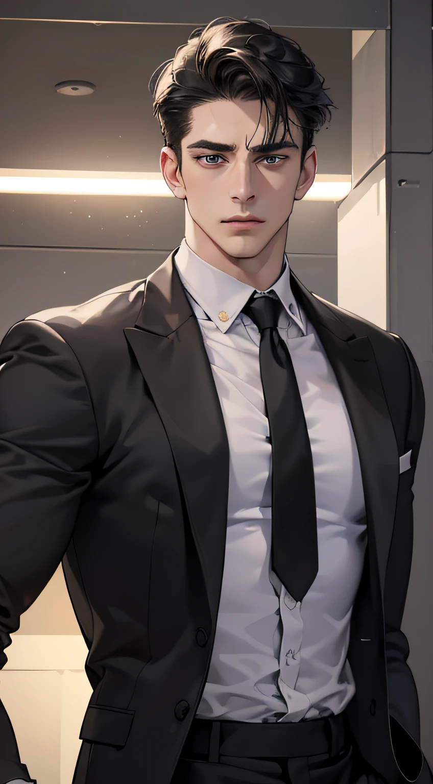(best quality, masterpiece, 8K, photorealistic, cinematic lighting, hdr image, ultra detailed, beautiful image), 1 man, 31 years old, mature man, very handsome, (without expression, serious), short black hair, black eyes ( penetrating gaze), perfect face without errors, imposing posture, without errors, businessman, buttoning his jacket, walking, office
