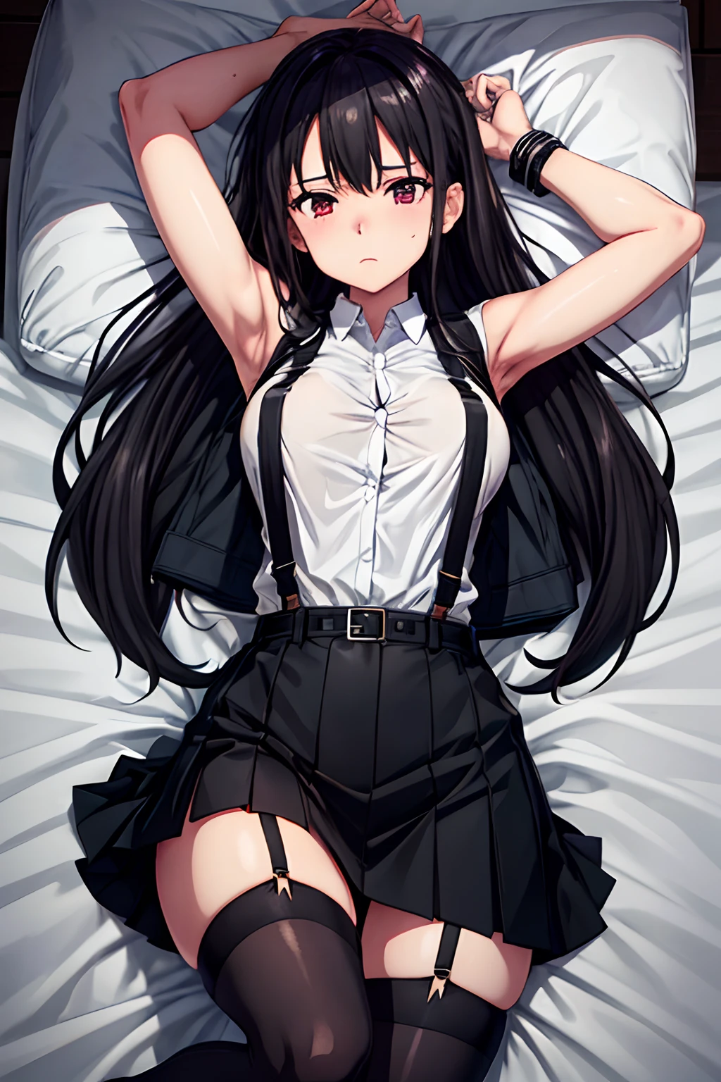 ,Belt bag,Suspenders Black Miniskirt garterbelts knee high Stockings Black Niso Colorcon armpit sweat perspiring Side of both hands,Black jacket,Gaze,ample bosom,Armpit sweat,Exposing the armpits"Tight clothes、Cuffed、wristbands Lie on the bed with your hands up White mask