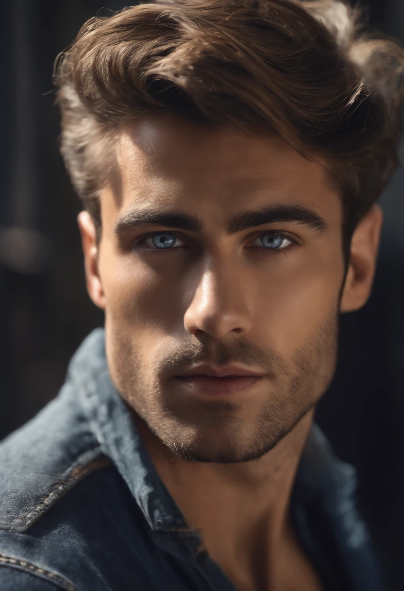male, beau, debout face vers l'avant, Nez aquilin, cheveux bruns courts, yeux bleus, sans barbe, Plan moyen et de face, hyper realistic, 8k