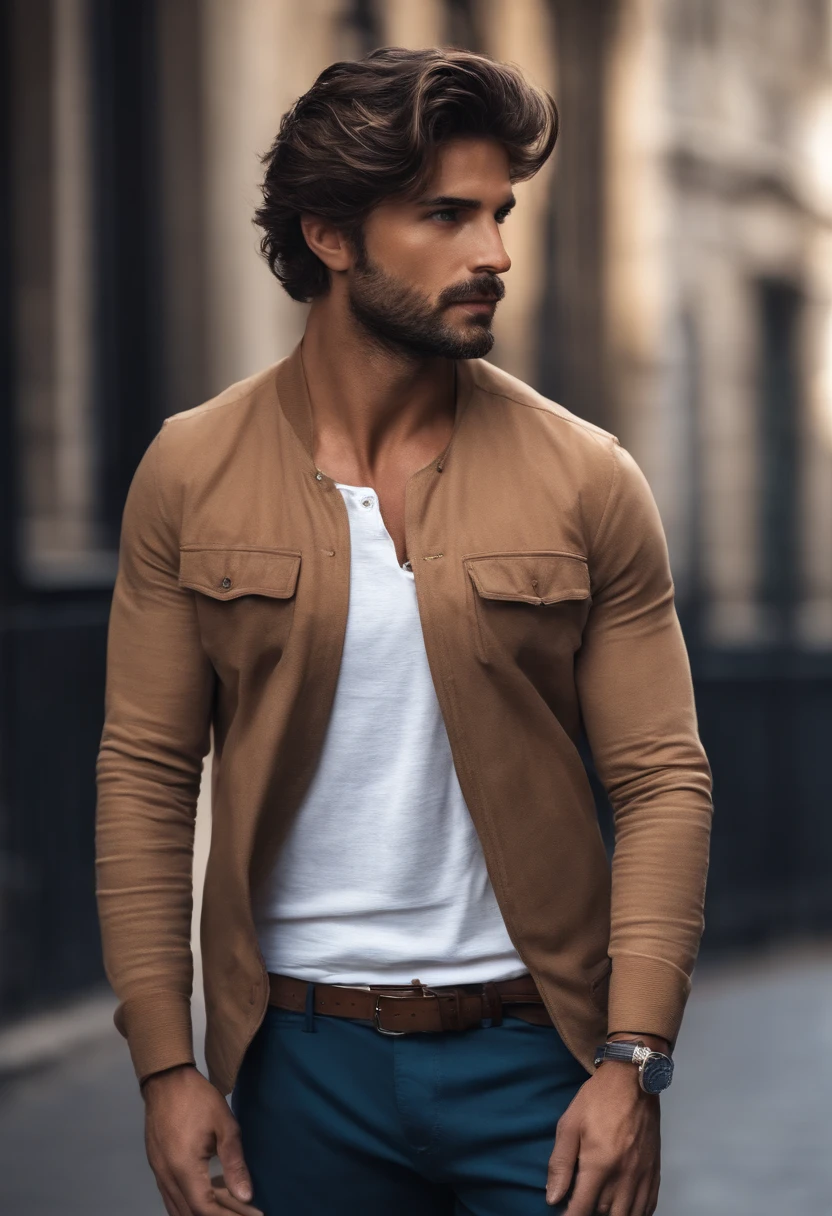 male, beau, debout face vers l'avant, Nez aquilin, cheveux bruns courts, yeux bleus, sans barbe, Plan moyen et de face, hyper realistic, 8k