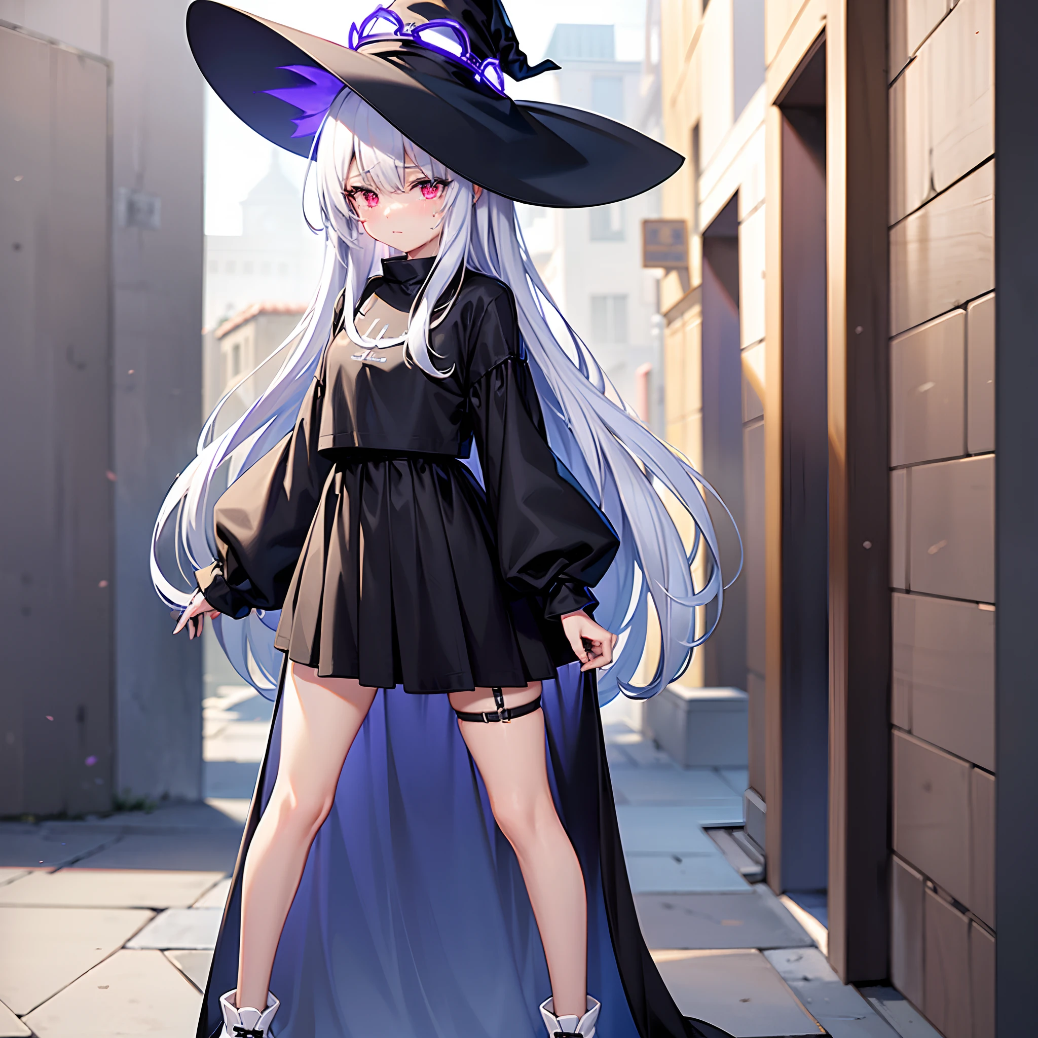 A mysterious Western-style otherworldly town、Standing Girl、Black coat、white t-shirt、a black skirt、beautiful thigh、Beautiful calves、Rob hair with white hair color with blue-violet mesh、Looking at me crying、Black sneakers with white shoelaces、Large witch hat with sapphire accessories、Red eyes with highlights、