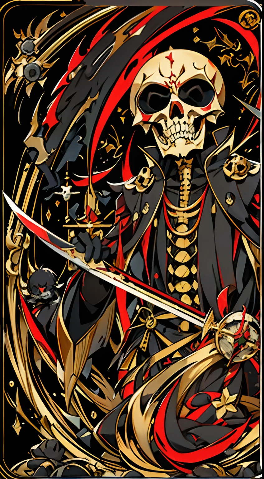 Abstract art,（shinigami ), (Black Themes:1.1), golden theme, Big Red Death Scythe, Dark Star,skelleton, 锁链, tarot cards， facingviewer, full black background, has a sword