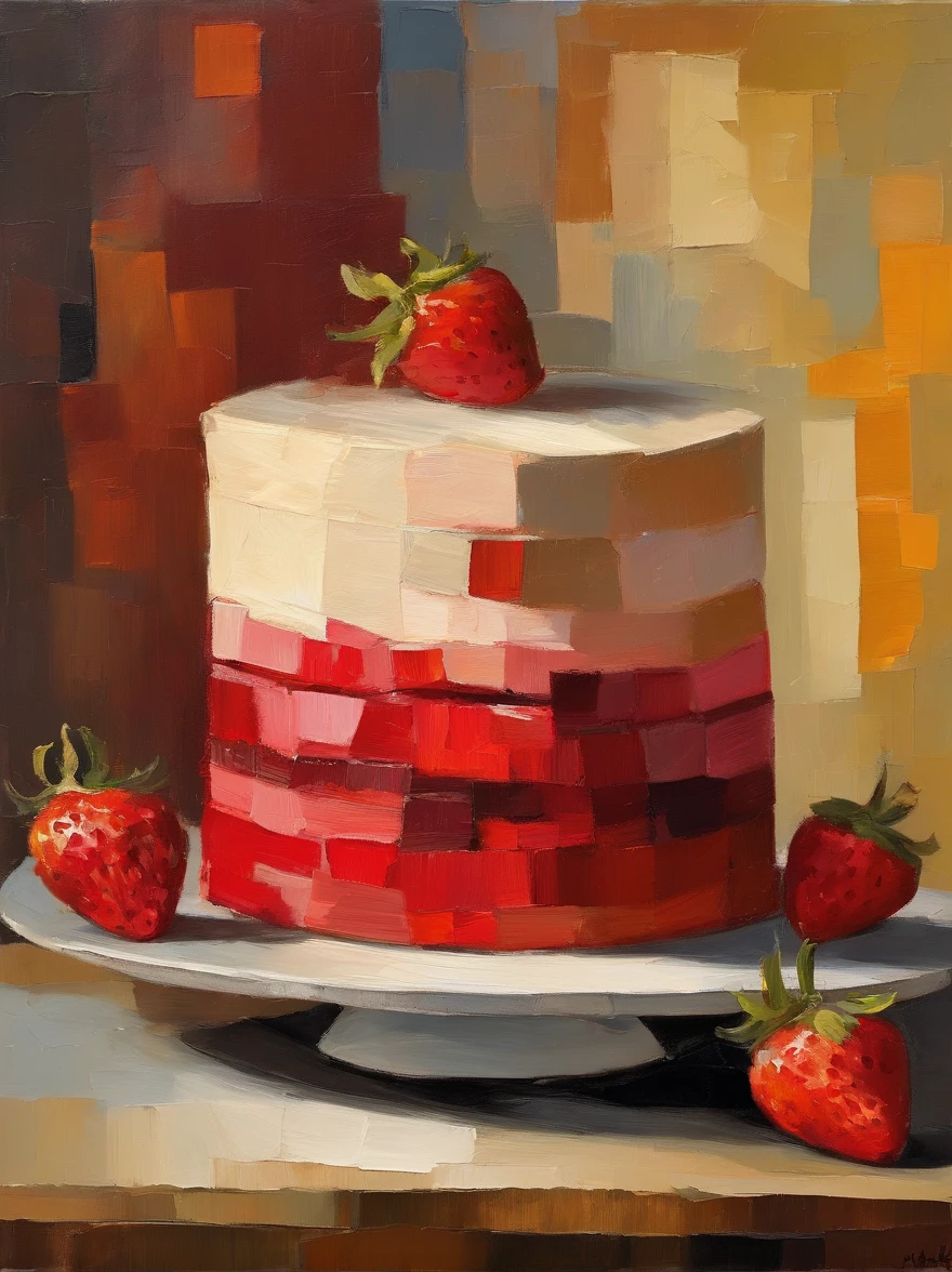 Strawberry cake、(cubismo,Realistic:1.2,hight resolution), 1920s,),(Geometric,Art deco:0.9,dark cinematic:1.1,Painting),(Background:1.1,Dramatic shadows,abstract shapes),(color palettes:Vibrant,Contrasting shades),(Studio Lighting),(Sharp Focus),(Fine brushstrokes:1.1),(Fashionable,Stylish),(nostalgic),(dynamic compositions),(The Jazz Era of the 1920s:0.9)