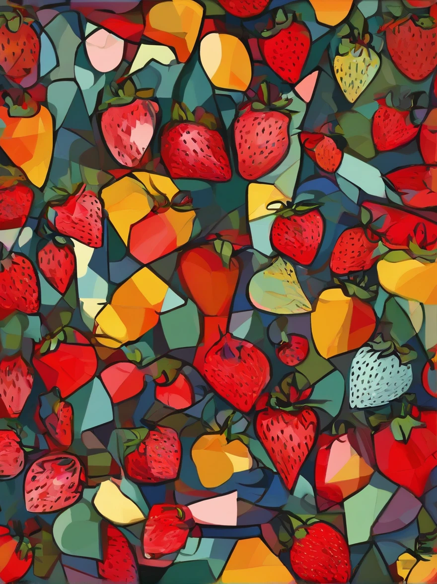 Strawberry cake、(cubismo,Realistic:1.2,hight resolution), 1920s,),(Geometric,Art deco:0.9,dark cinematic:1.1,Painting),(Background:1.1,Dramatic shadows,abstract shapes),(color palettes:Vibrant,Contrasting shades),(Studio Lighting),(Sharp Focus),(Fine brushstrokes:1.1),(Fashionable,Stylish),(nostalgic),(dynamic compositions),(The Jazz Era of the 1920s:0.9)