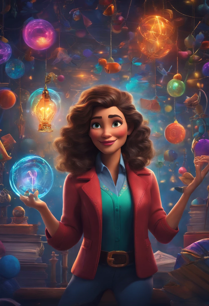 An innovation magician female who masters the art of turning ideas into reality, inspired by Pixar animation, up close. They are surrounded by magical formulas and mysterious symbols. The colors are intense, with a neon touch.