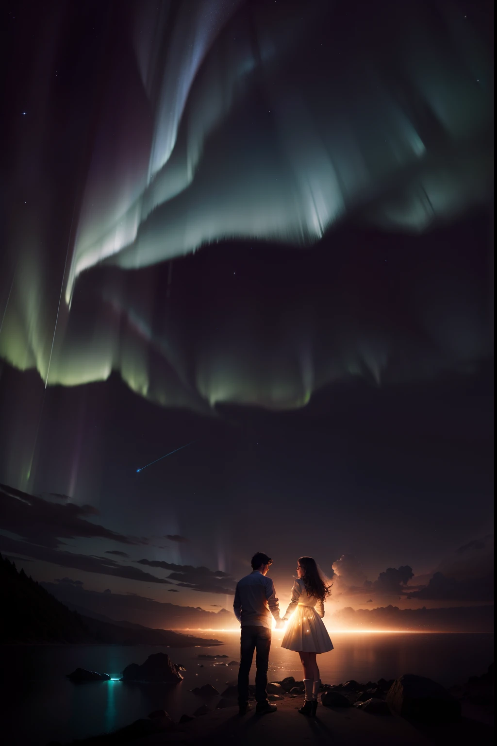 Melhor qualidade, Ultra realista, High Quality Night Sky, Aurora Boreal lua brilhante e estrelas, Spark and lightning, dois casais de adolescentes, garoto, garota, silhueta de dois adolescentes casal apaixonado, garota, cabelos longos, estrelas brilhantes, garoto,