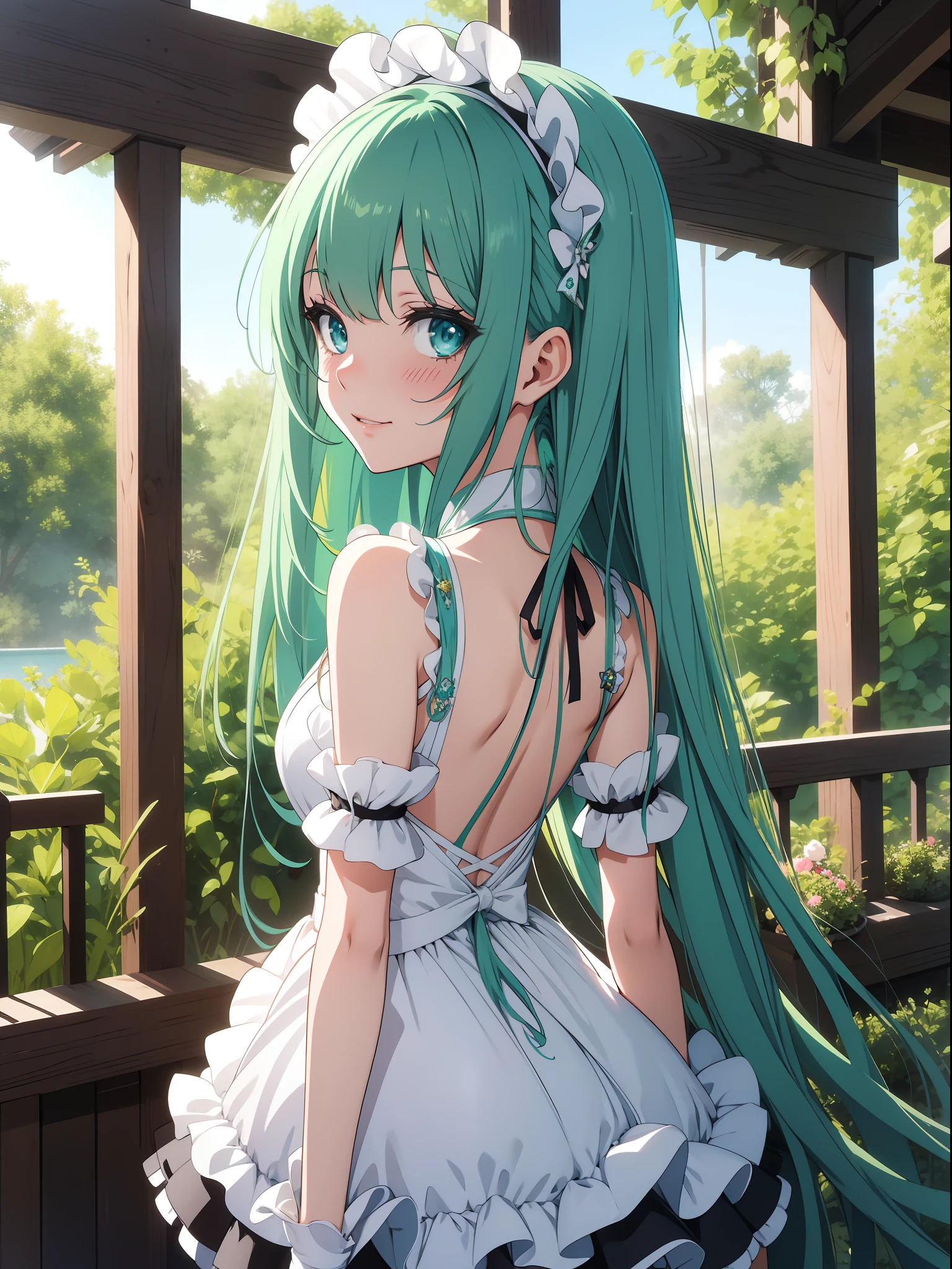 Official art、Top quality ultra-detailed CG art、miku hatsune：１.２）、Green head hair、lively girl、Maids、Transcendent Cute、kirakira、Twin-tailed、ssmile、bob cuts、turn、