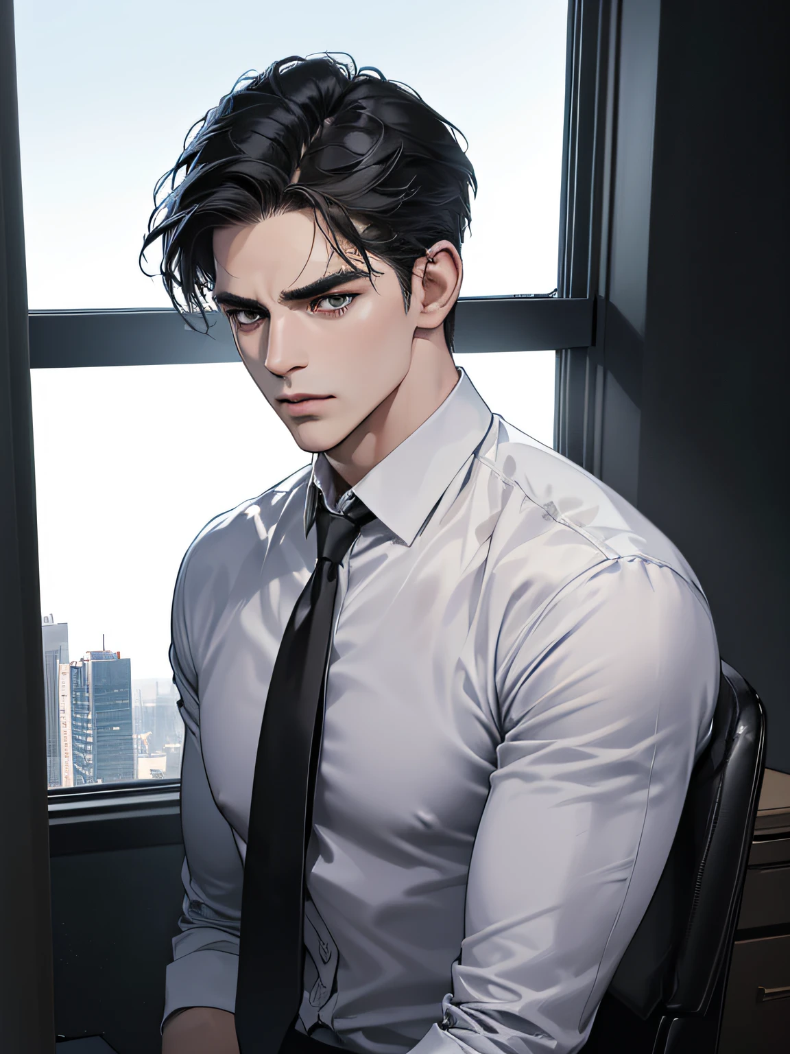 (best quality, masterpiece, 8K, photorealistic, cinematic lighting, hdr image, ultra detailed, beautiful image), 1 man, 31 years old, mature man, very handsome, (without expression, serious), short black hair, blue grey eyes ( penetrating gaze), perfect face without errors, imposing posture, without errors, businessman, office background
