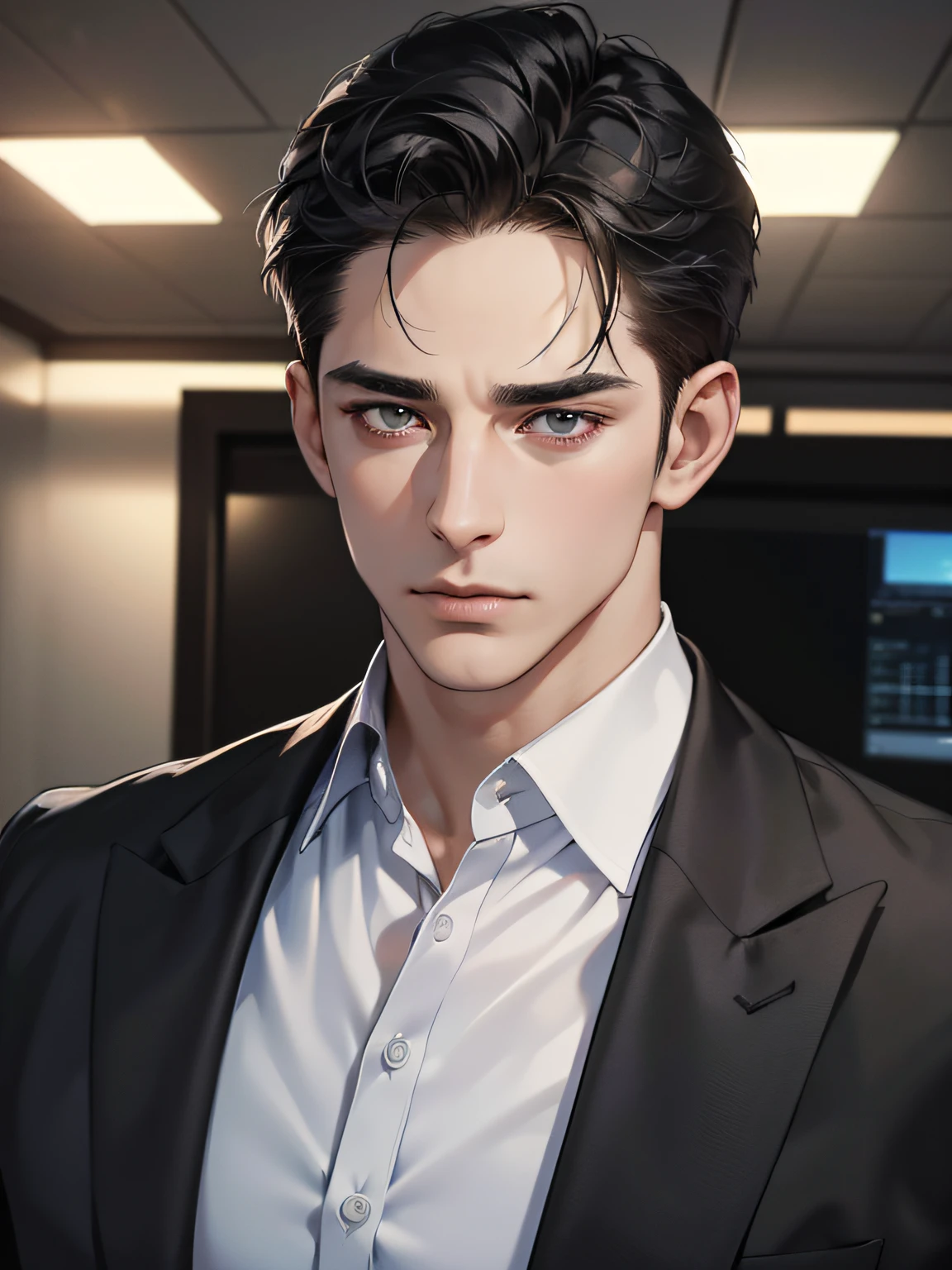 (best quality, masterpiece, 8K, photorealistic, cinematic lighting, hdr image, ultra detailed, beautiful image), 1 man, 31 years old, mature man, very handsome, (without expression, serious), short black hair, black eyes ( penetrating gaze), imposing posture, businessman, office background