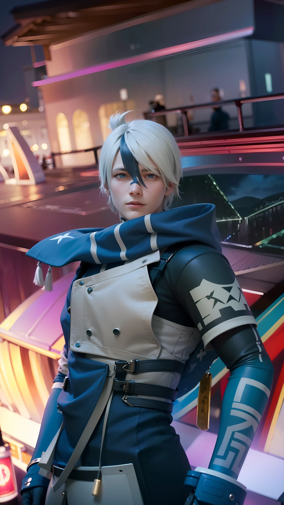 masculine male, masterpiece, ((perfect eyes)) best quality, (semirealism:1.9), beautiful lighting, (extremely detailed CG unity 4k fhd wallpaper), High Detail, Sharp focus, dramatic outdoors, 1 boy ,19 years old, white hair, light purpel eyes, smile.