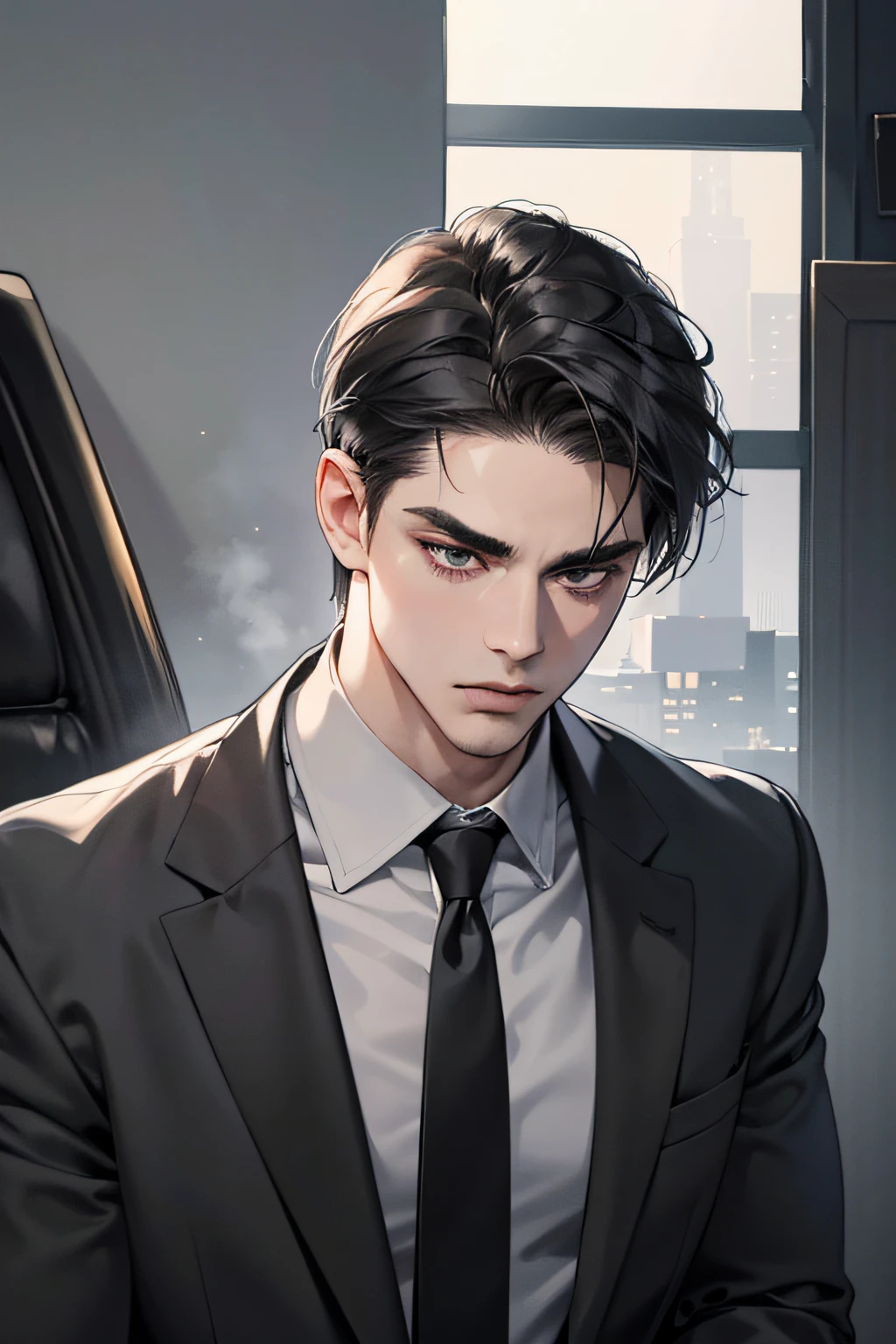 A close up of a man in a suit and tie looking at a cell phone - SeaArt AI