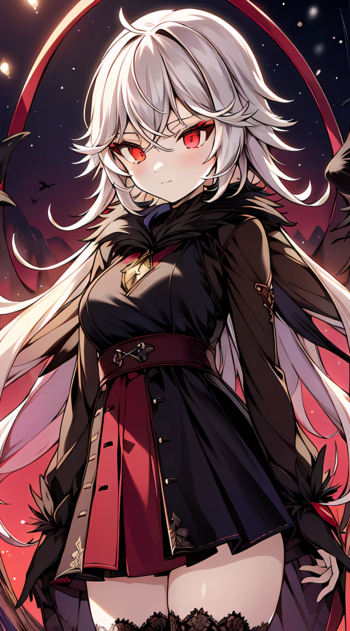 eirudy_\(springwitch3\),masterpiece,1girl,red eyes,wearing black raven feather suit,forest,winter snow,night,absurdres,high res, ultrasharp, 8K, masterpiece, looking at viewer