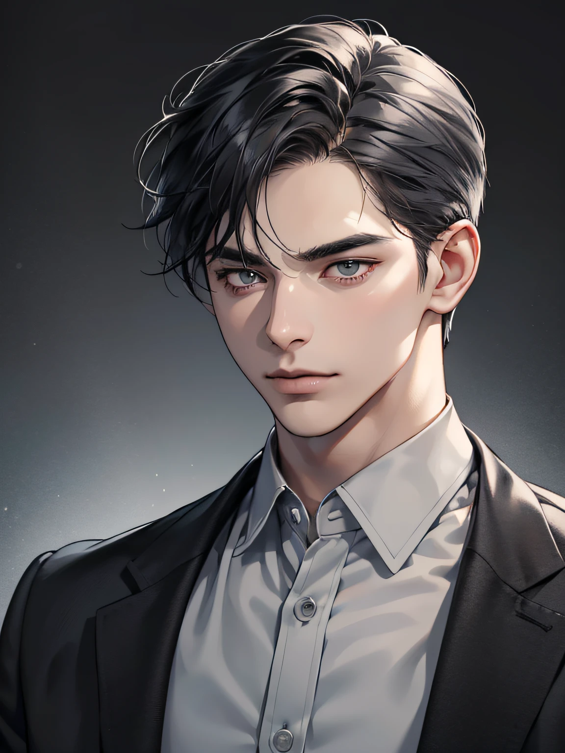 masterpiece, best quality, realistic, 1 man, mature man, quiet and charming young man, 31 years old, eyes closed, serious look, extremely detailed face, ((dark gray eyes)), ((short dark black swept to the right ) hair)), [thick eyebrows], ((businessman)), cinematic lighting, posture dynamics