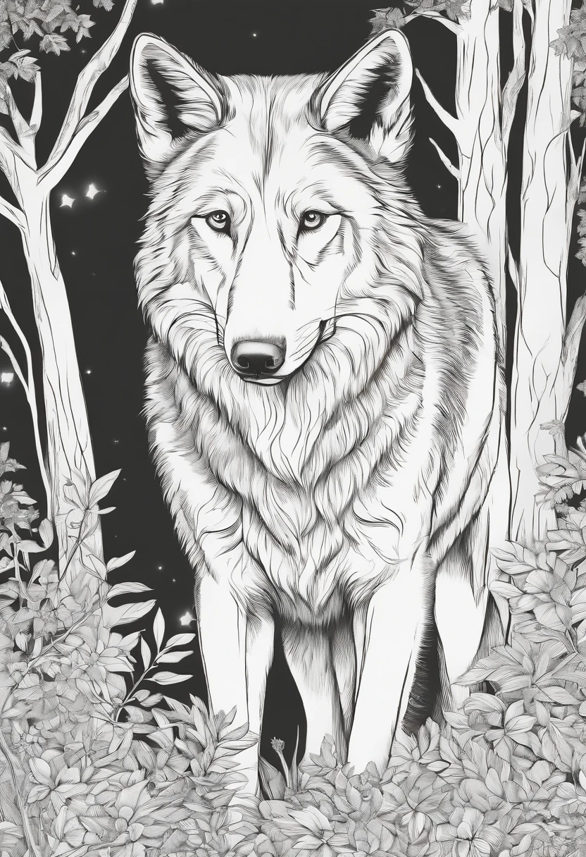 Libro para colorear de un lobo en el bosque,Rasgos infantiles,thick lines,sin color,fondo blanco,solo guiones