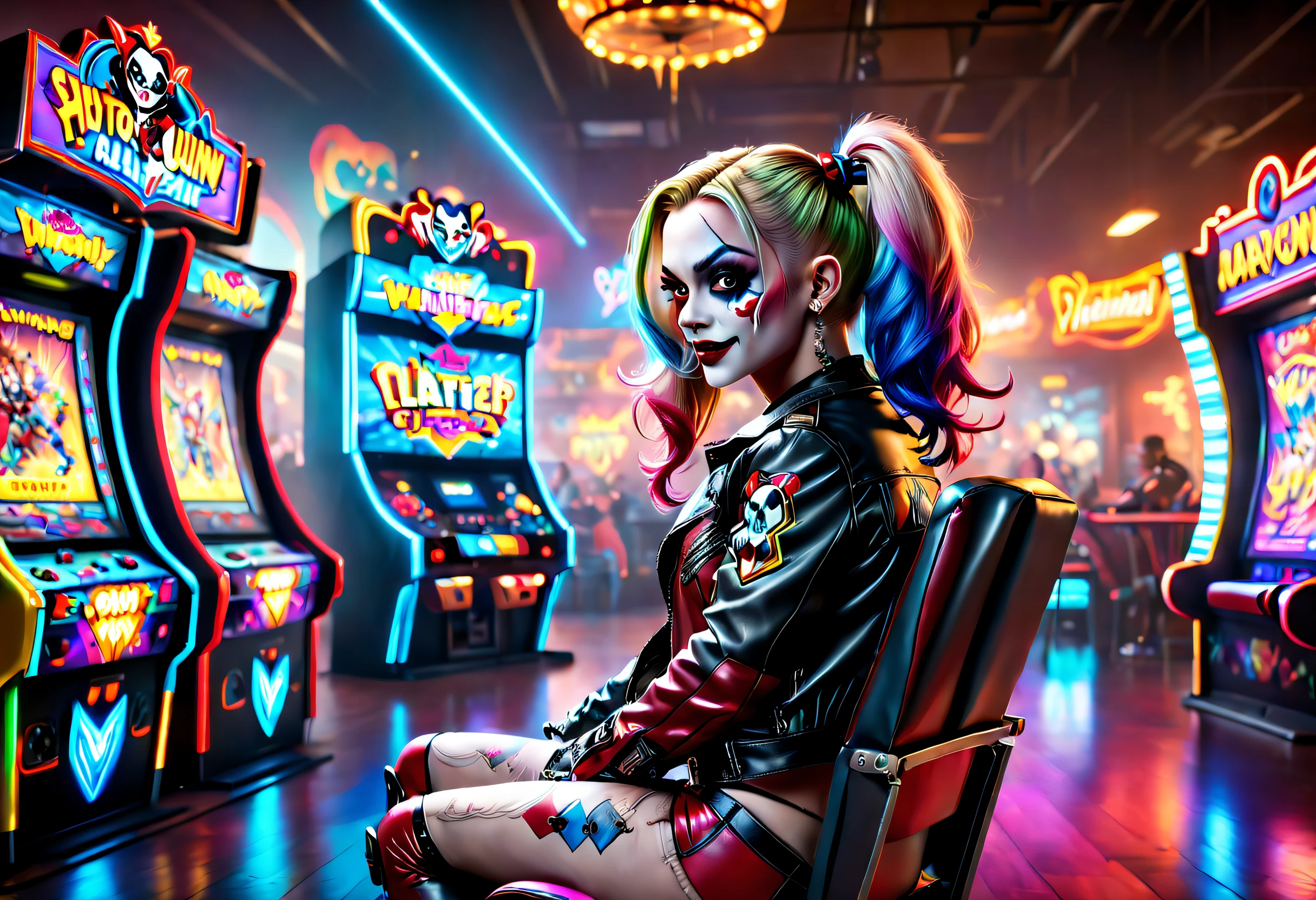(Best quality,4K,8K,A high resolution,Masterpiece:1.2),Ultra-detailed,(Realistic,Photorealistic,photo-realistic:1.37),bright vibrant colors,of harley quinn,Ride in a gaming chair, Leather jacket, Hair dyed in bright colors,Play video games seriously,From the side Side,Arcade games,Power Dance Troupe,Vintage vibes,Neon lights,Explosive energy,Futuristic technology,Fast-paced pacing,Exciting gameplay,Lively atmosphere,techno music,Upbeat rhythm,Competitive spirit,Dynamic movements,urban surroundings,High score,Glowing dance floor,Strobe light,Colorful costumes,Synchronized choreography,Talented dancers,audience cheering,Clever tricks,cheerful mood,immersive experience,Single player mode,An uplifting moment,Transform visual effects,Special props,The stage exists,positive vibe,Interactivity,striking visual effects,Thrilling challenges,Unforgettable memories