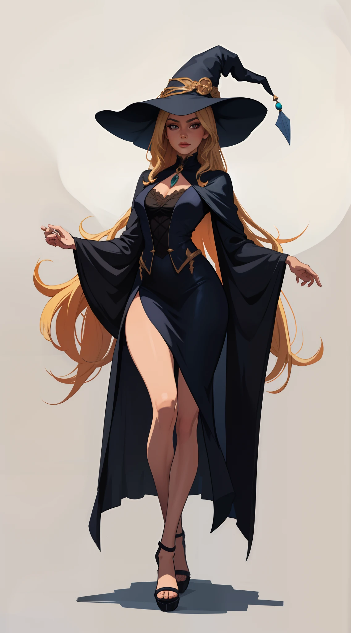 full body shot, exaggerated anatomy, gorgeous female latina witch, blonde hair, short skirt, open robe, lifelike stylized realism bold linework detailed rendering full color palette digital painting layered shading
