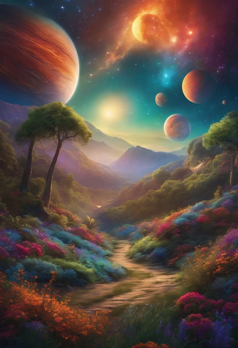 An imagination people explorer, inspired by Pixar animation, up close, traveling through the cosmos of creativity, with shooting stars and uncharted planets in their path. The colors are vivid and lush, with a touch of mystery.