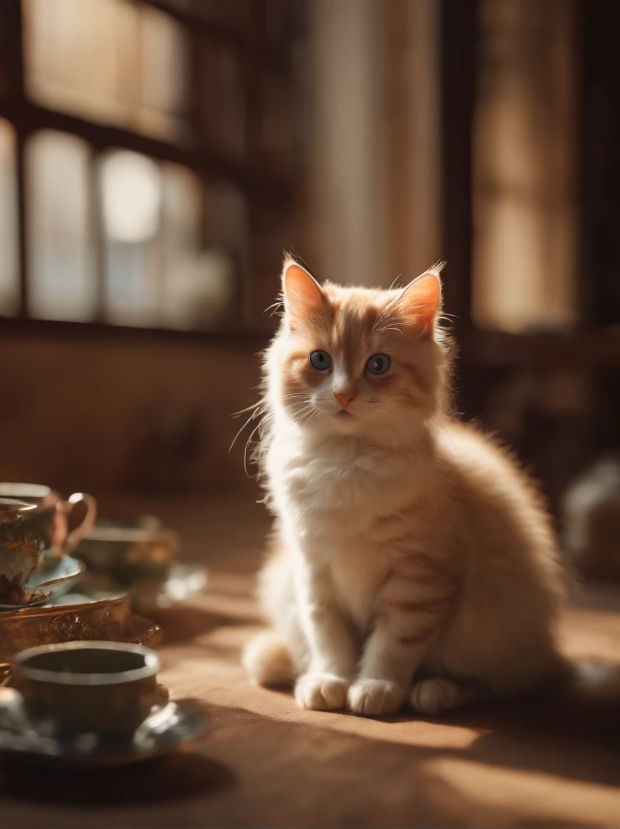 There is a cat sitting on the floor next to a cup - SeaArt AI
