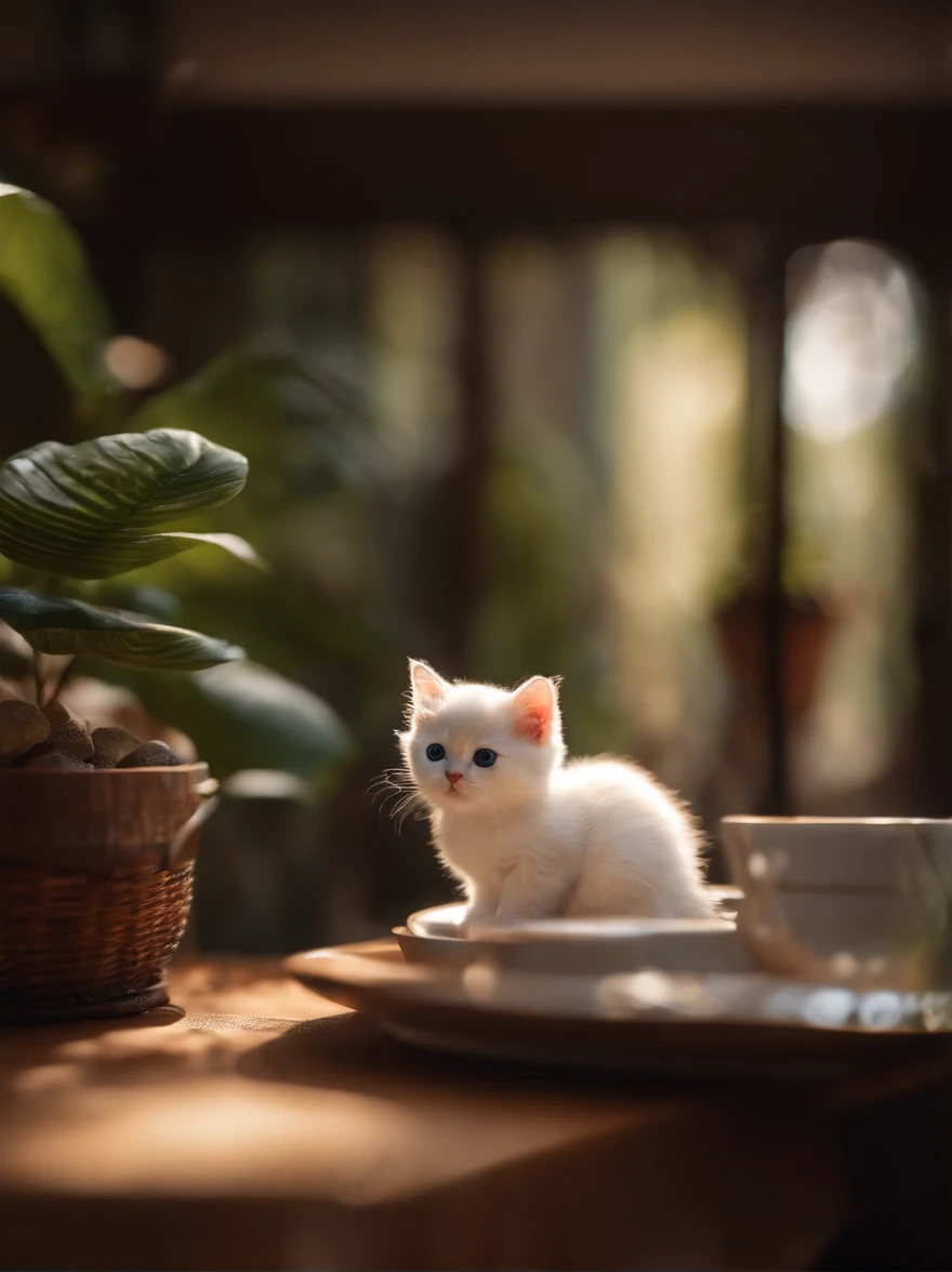catss、(Himalayan)、(((Has a small)))、In a teacup、Showing your face、Putting out the front paws、8k、professional photograpy、delicate、vivid、on table、in a house、Sheer sunlight、Light leak、masterpiece、(((lovely)))、Stylish teacups、(reality)、plushies、Round pupils、Super Cute, 3d rendered, (Tilt-Shift:1.4),