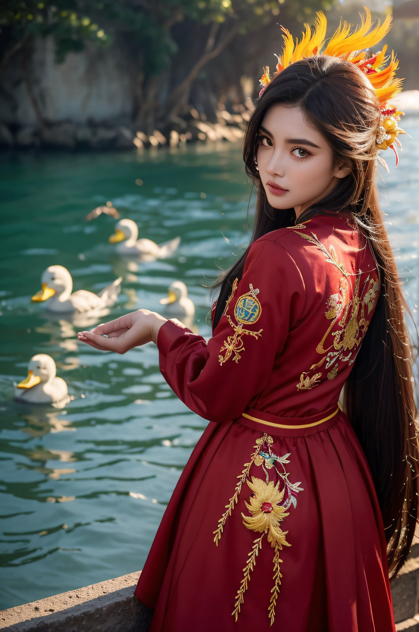 A heroine，cabelos preto e longos，There is a stay in the sea，Duck egg face，A half body，fundo vermelho，Wear a national style of pure red clothing，The clothes are embroidered with phoenixes，There are pockmarks on the face，20yr old，Cry，Shed tears，grieves，Turn Back