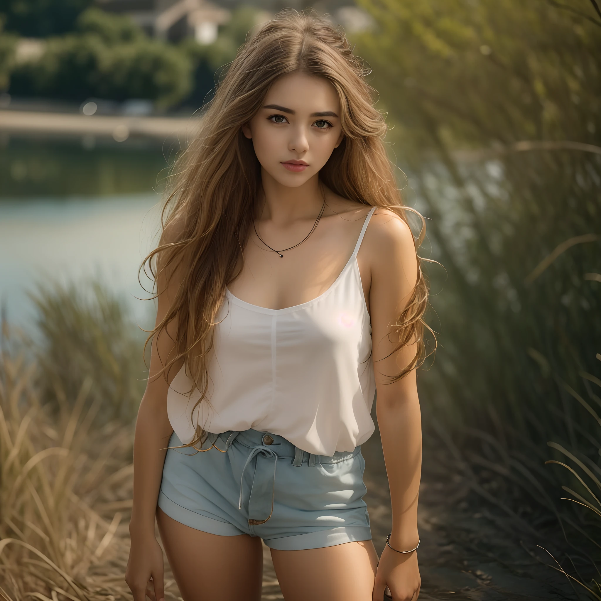 ***ung European girl standing by the river on the grass, Trees can be seen in the distance, The girl is 23 years old, She has well-developed musculature, She has expressive dark gray eyes and a small mole on her cheek, The beauty of her European face is accentuated by a golden tan, sweat drops, Long wavy light brown fluffy hair, She wears a white blouse and shorts, She is beautiful, Greece, A hot summer day, 8K UHD, Best Quality, Masterpiece, extra high resolution, (Realism: 1.4), Original Photo, (realistic skin texture: 1.3), (Film grain: 1.3), Realistic lighting, Portrait to the hips, (chromatic aberration), (ray traced), is looking at the camera