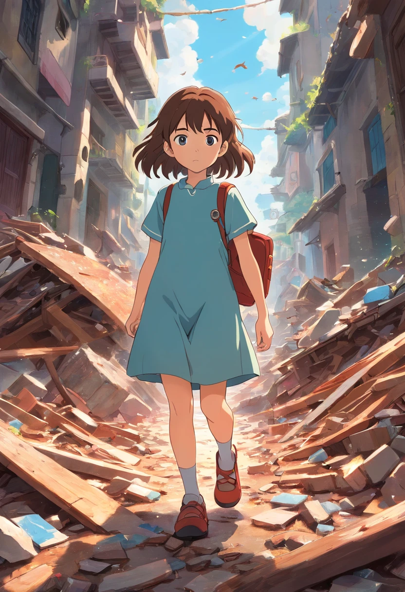 Introducing the protagonist, a young girl named Ellie. She is shown alone, navigating through the debris, her face reflecting determination and resilience. The camera zooms in on the hope shining in her eyes.