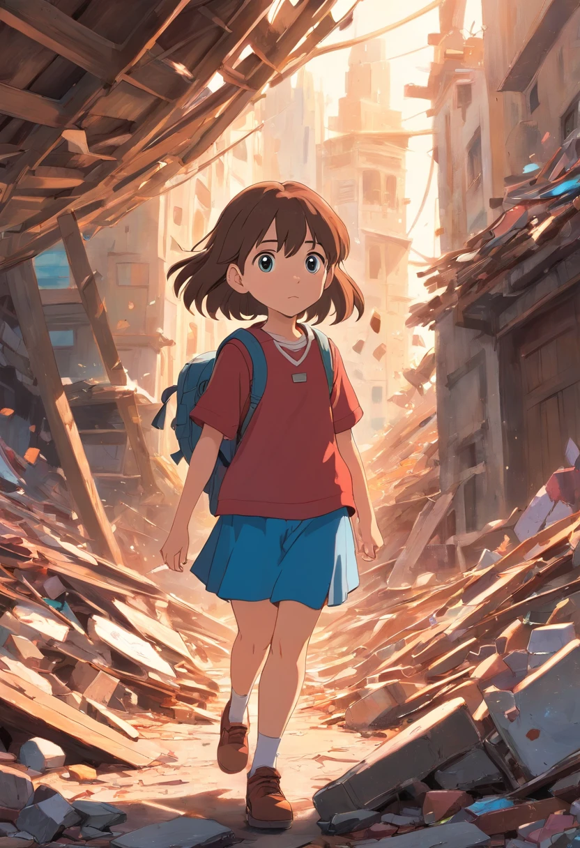 Introducing the protagonist, a young girl named Ellie. She is shown alone, navigating through the debris, her face reflecting determination and resilience. The camera zooms in on the hope shining in her eyes.